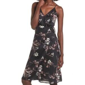 ASTR The Label | Satin Wrap Dress in Black Floral | Size Large